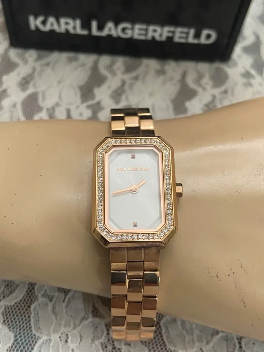 Karl Lagerfeld, KL6107, Rose Gold Tone Rhinestones Quartz Ladies Watch w/ Box